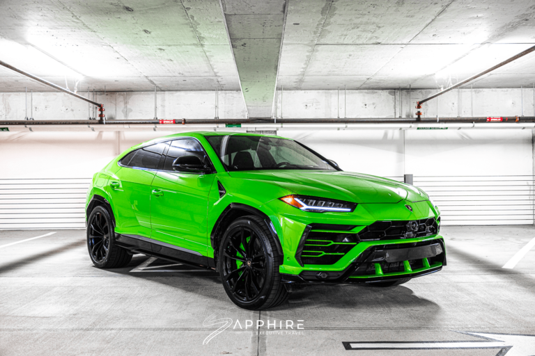 Front Right View of a Green Lamborghini Urus