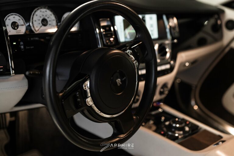 Steering Wheel of a White Rolls Royce Wraith