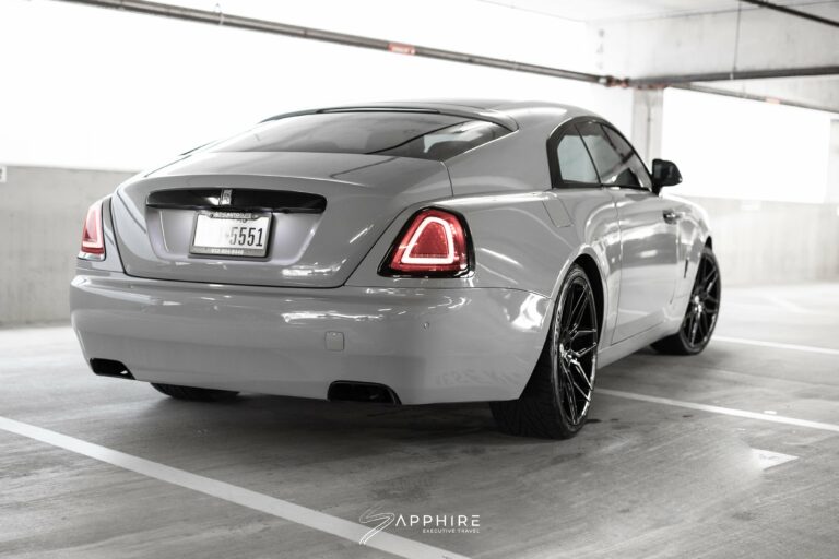 Rear Right View of a White Rolls Royce Wraith