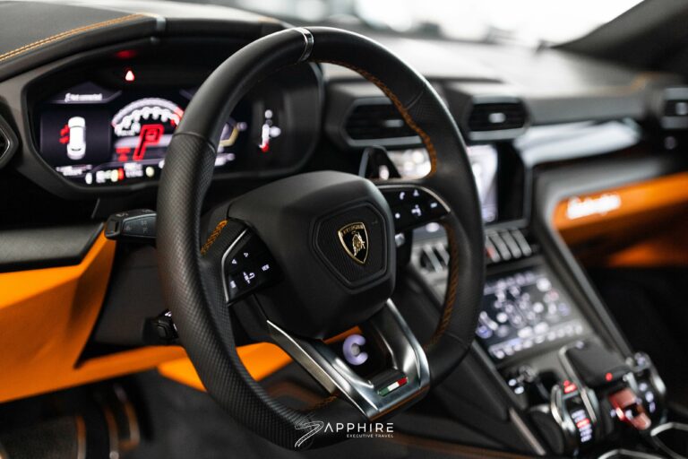 Steering Wheel of a Gray Lamborghini Urus