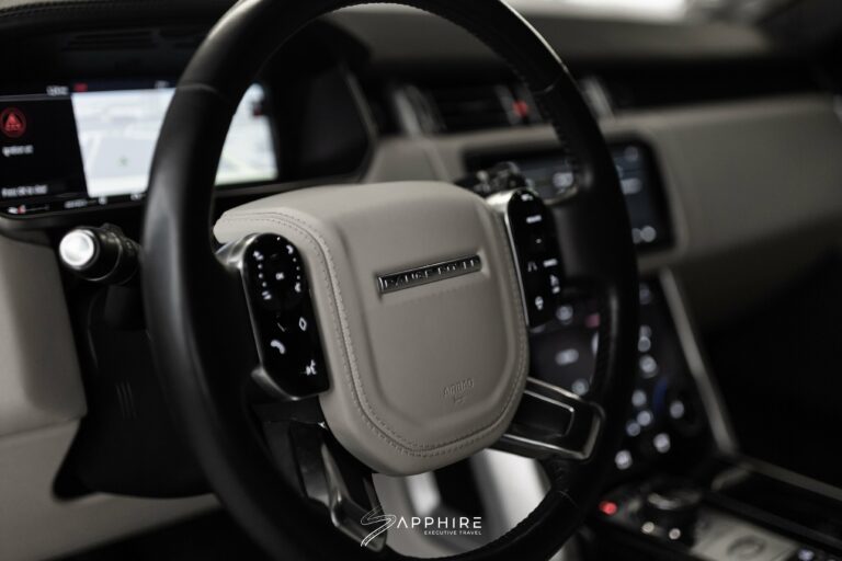 Steering Wheel of a White Range Rover Supercharged