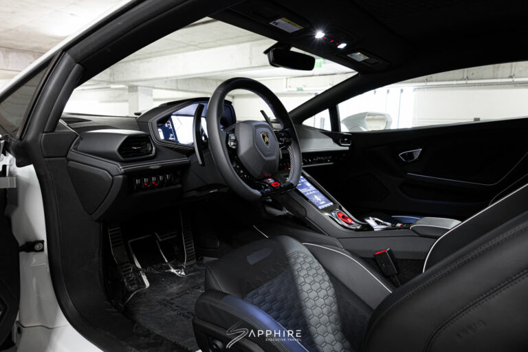 Interior of a White Lamborghini Huracan Evo Coupe