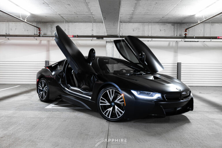 Front Right View of a Black BMW i8 Luxury car