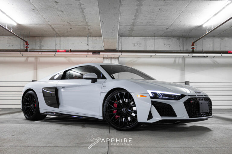 Front Right View of a White Audi R8