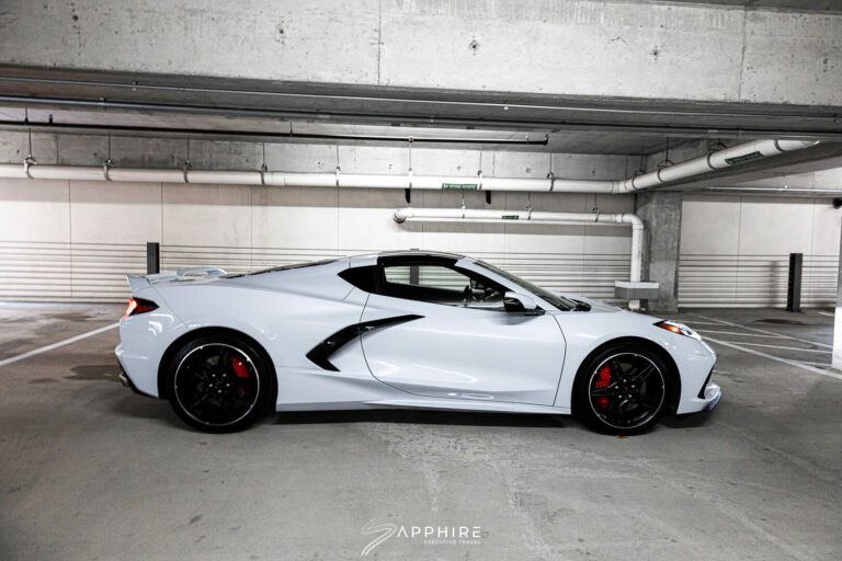 Side View of a White Chevrolet C8 Stingray