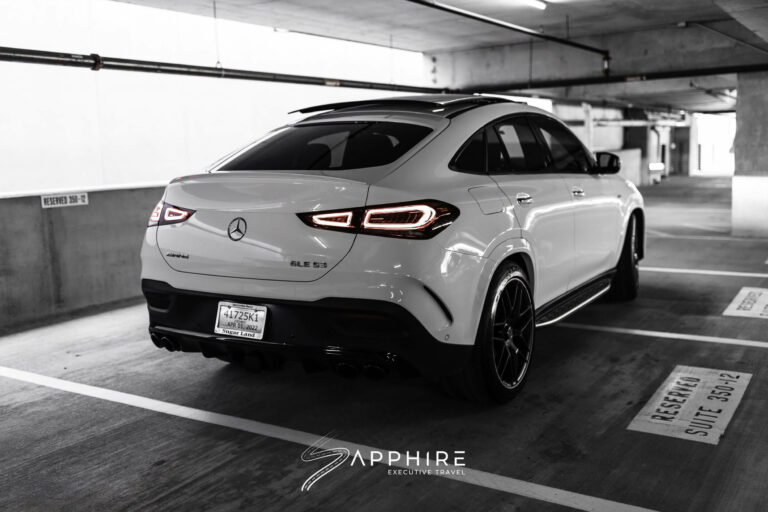Rear Right View of a White Mercedes Benz GLE53 AMG