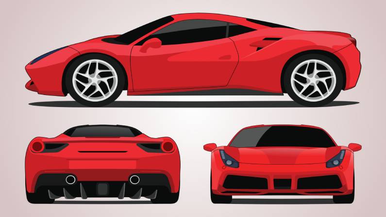Red sports car, view from three sides.